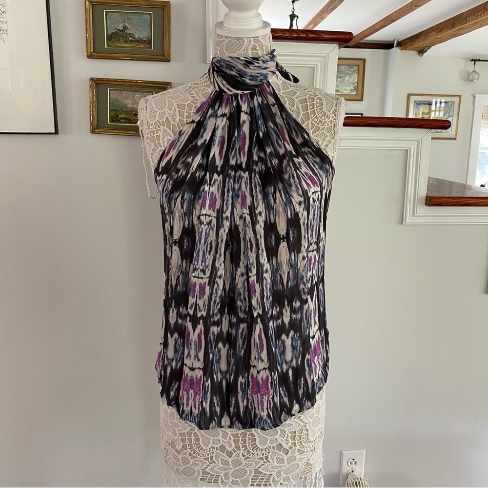 RAMY BROOK NY 100% Silk High Neck Tie Blouse Sleeveless Medium